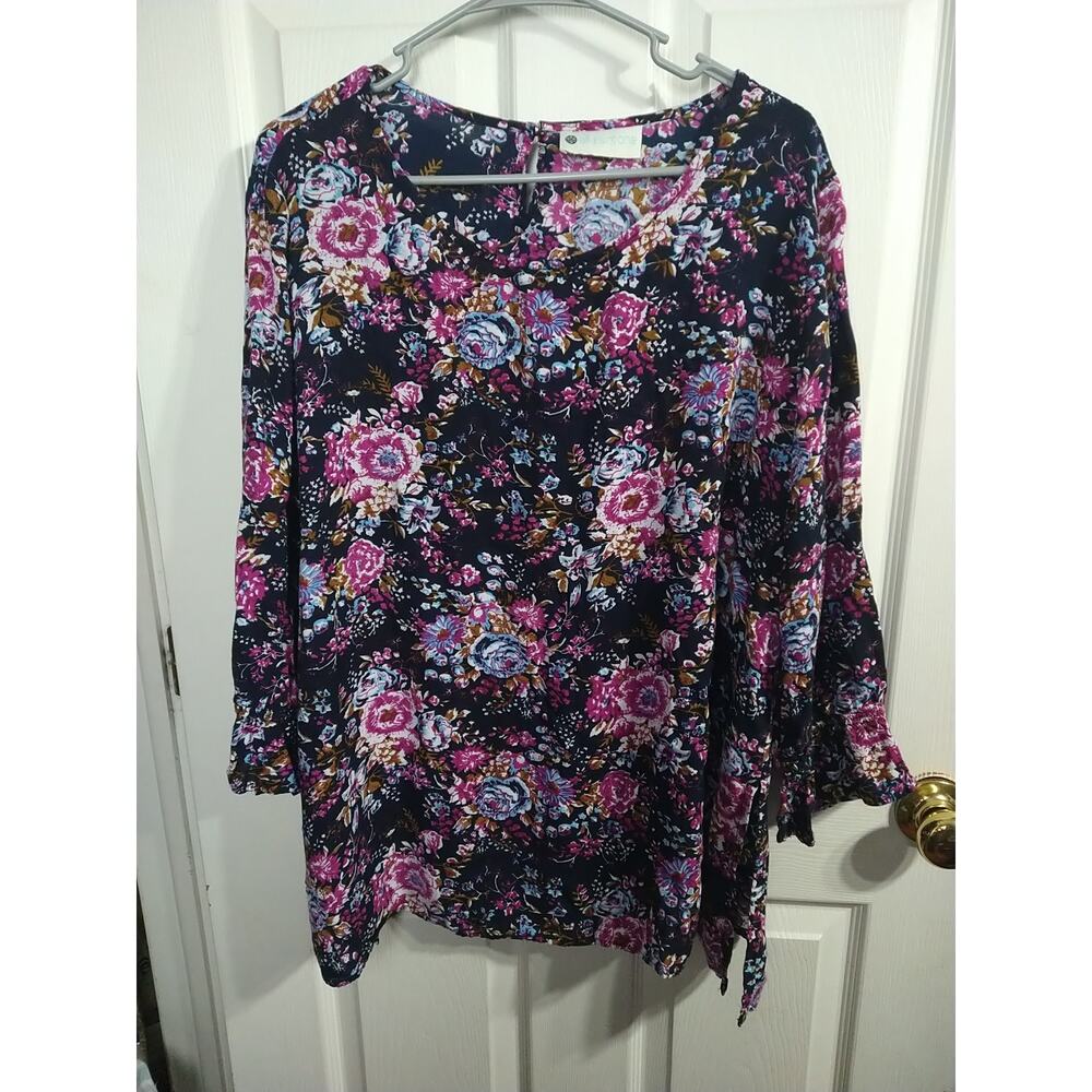 Ella Simone Woman XL* Floral Tunic Black Pink Balloon Sleeve Casual Pullover
